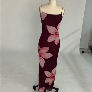 Elegant Burgundy Maxi Dress with Pink Floral Design